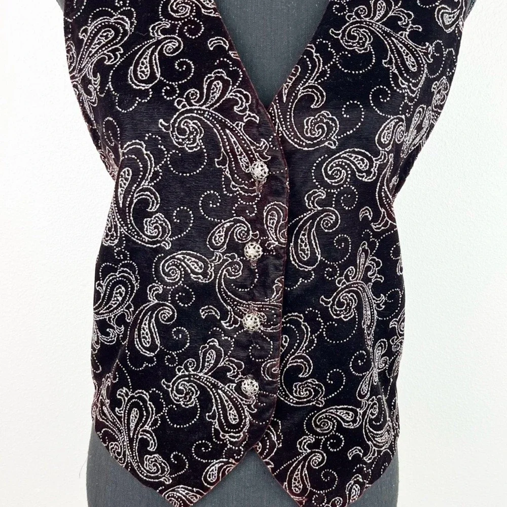 Vintage Black Velvet Vest Metallic Paisley Button Front